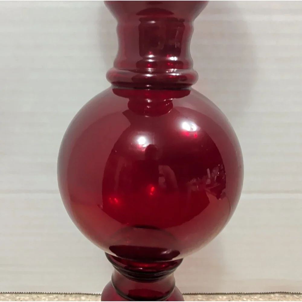 ​Ruby Red Glass Pillar Candle Holder 12
